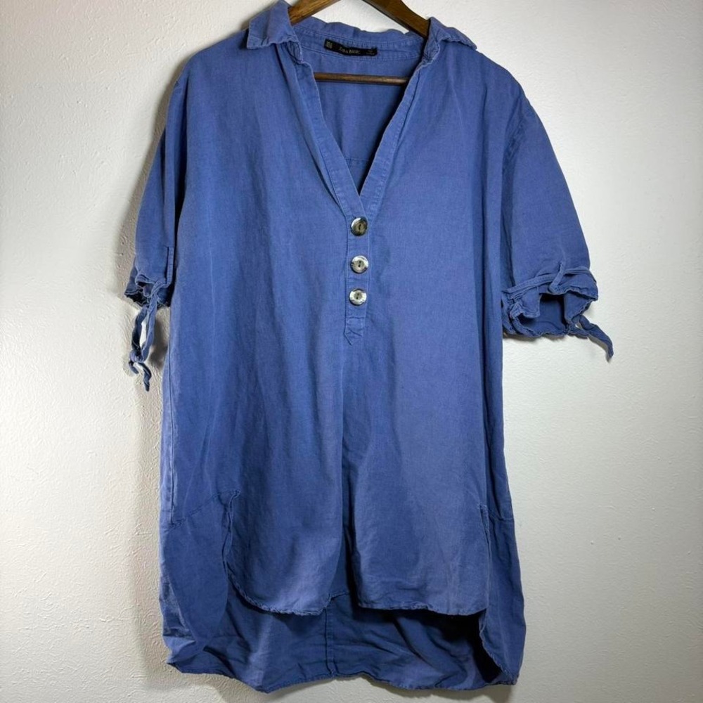 Zara Basic Women's Size XL Blue Tunic Top Linen/Cotton Lagenlook‎ Resortwear